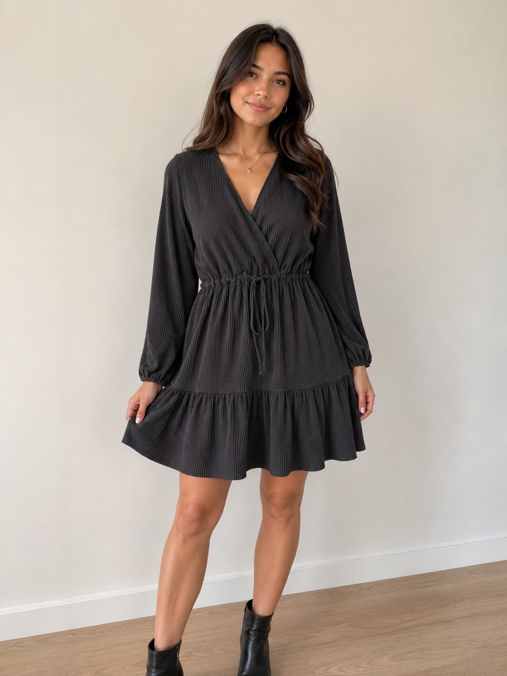Zara Black Ribbed Tiered Mini Dress Boho Babydoll Long Sleeve Cottagecore